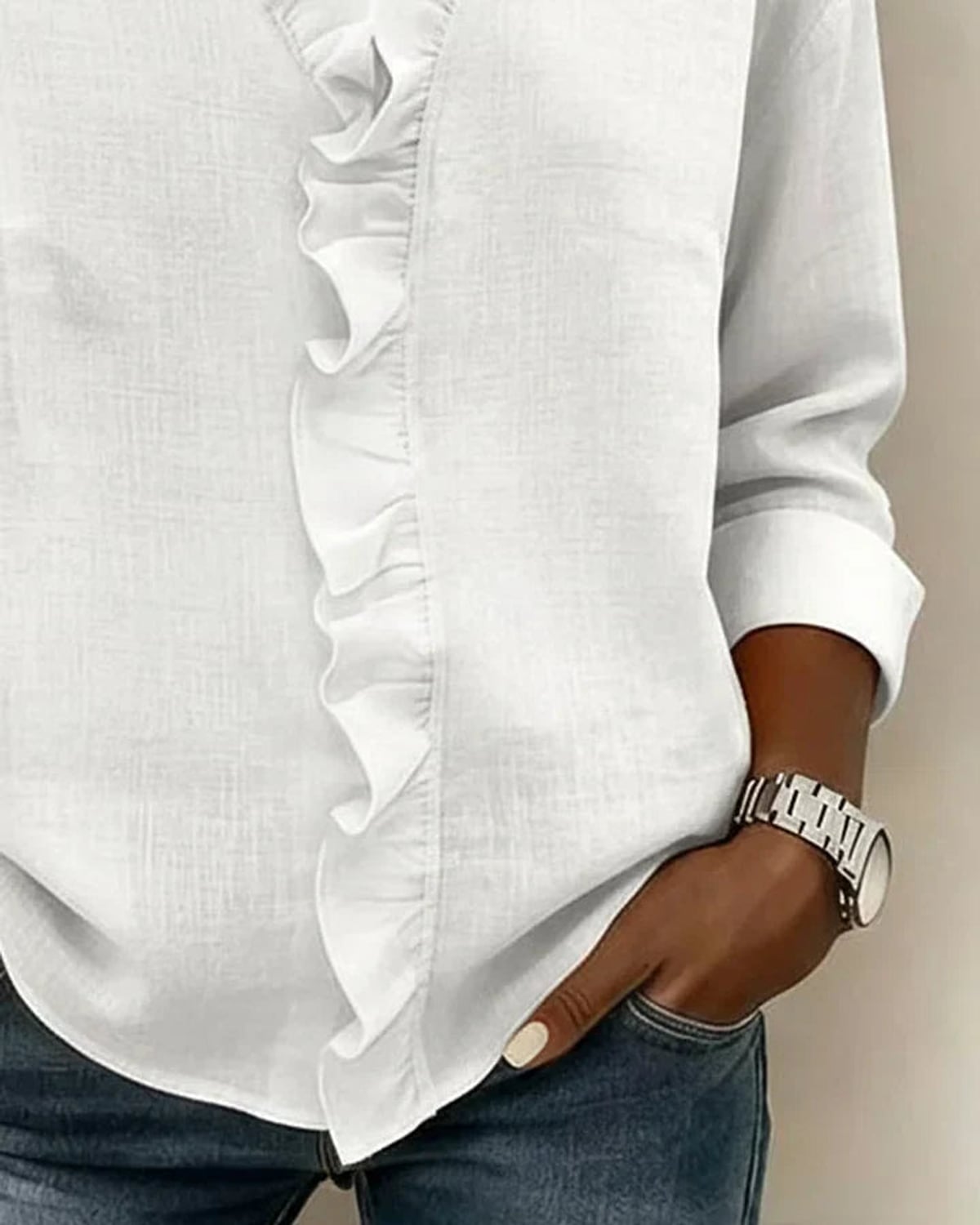dames blouse lange mouw met ruches in wit