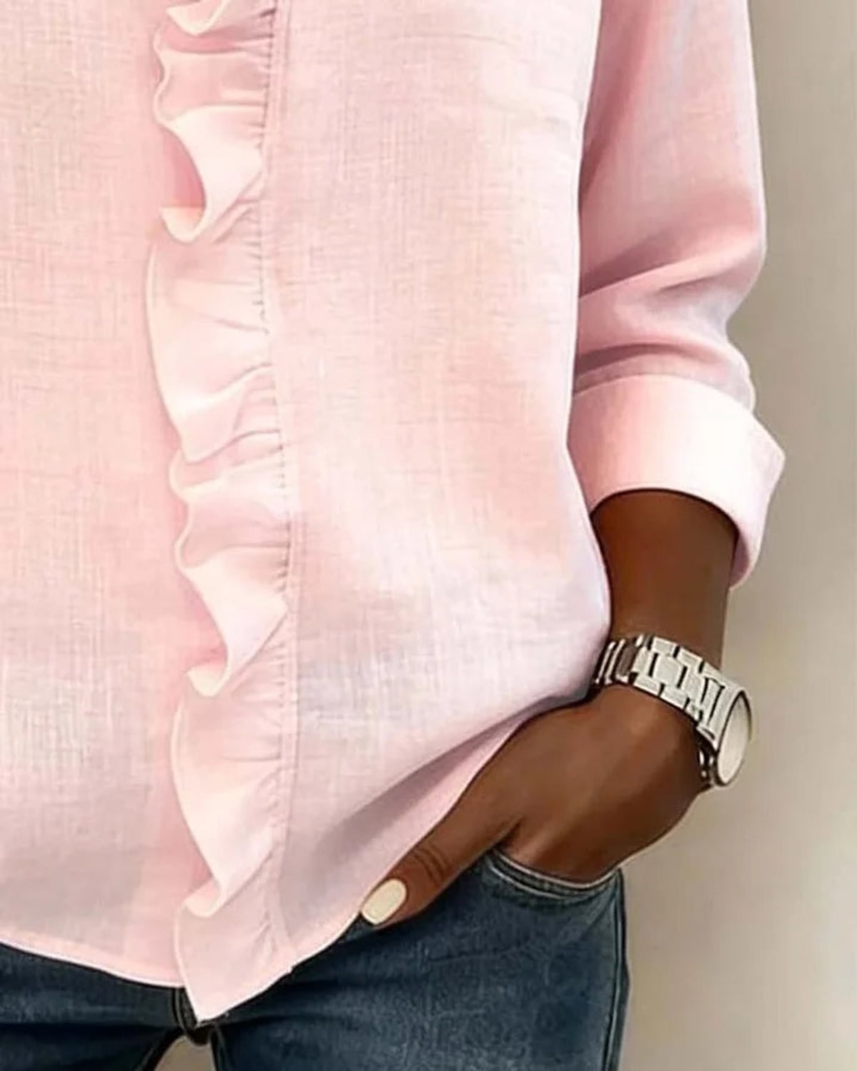 dames blouse lange mouw met ruches in roze