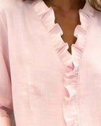 dames blouse lange mouw met ruches in roze