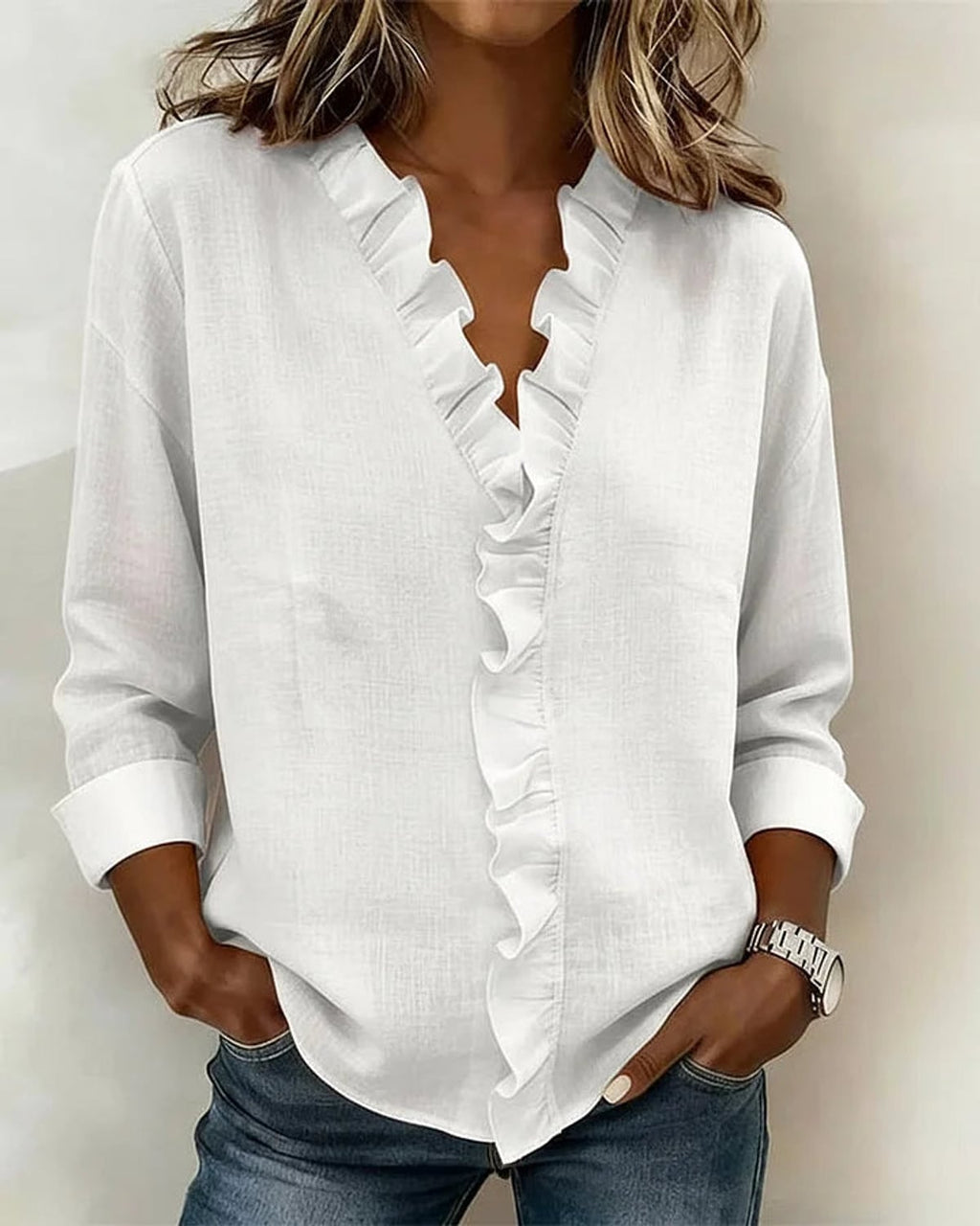 dames blouse lange mouw met ruches in wit