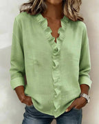 dames blouse lange mouw met ruches in groen