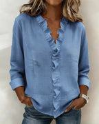 dames blouse lange mouw met ruches in blauw