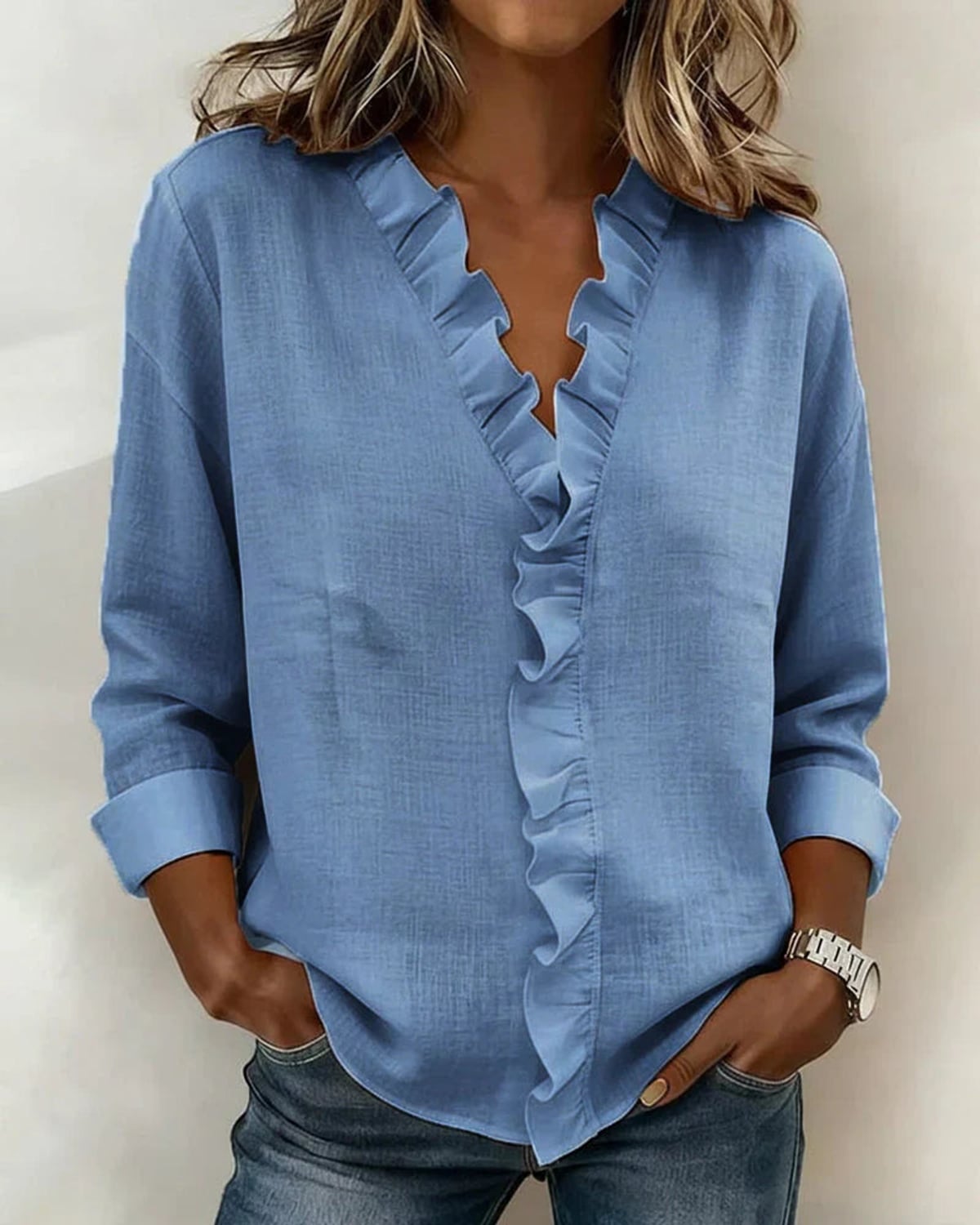 dames blouse lange mouw met ruches in blauw