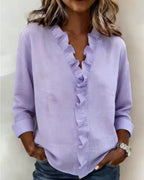 dames blouse lange mouw met ruches in paars