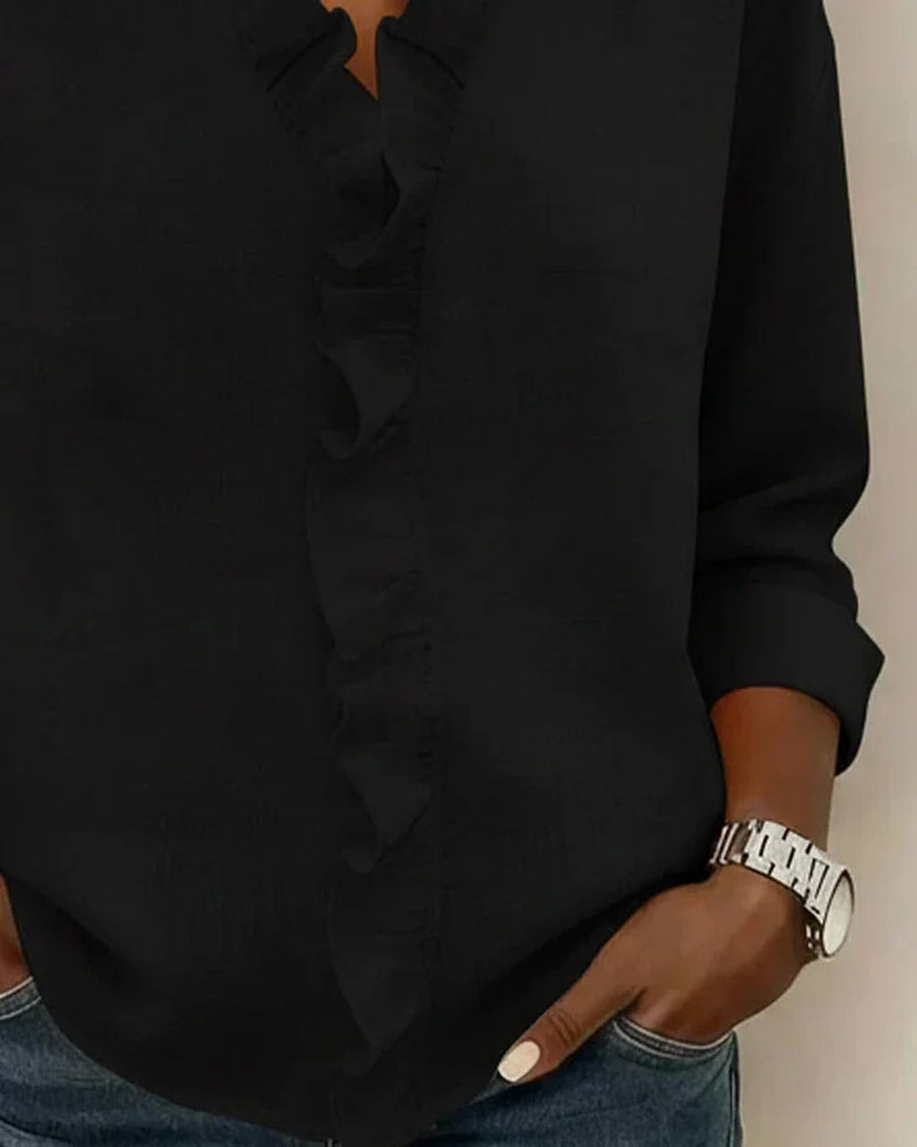 dames blouse lange mouw met ruches in zwart