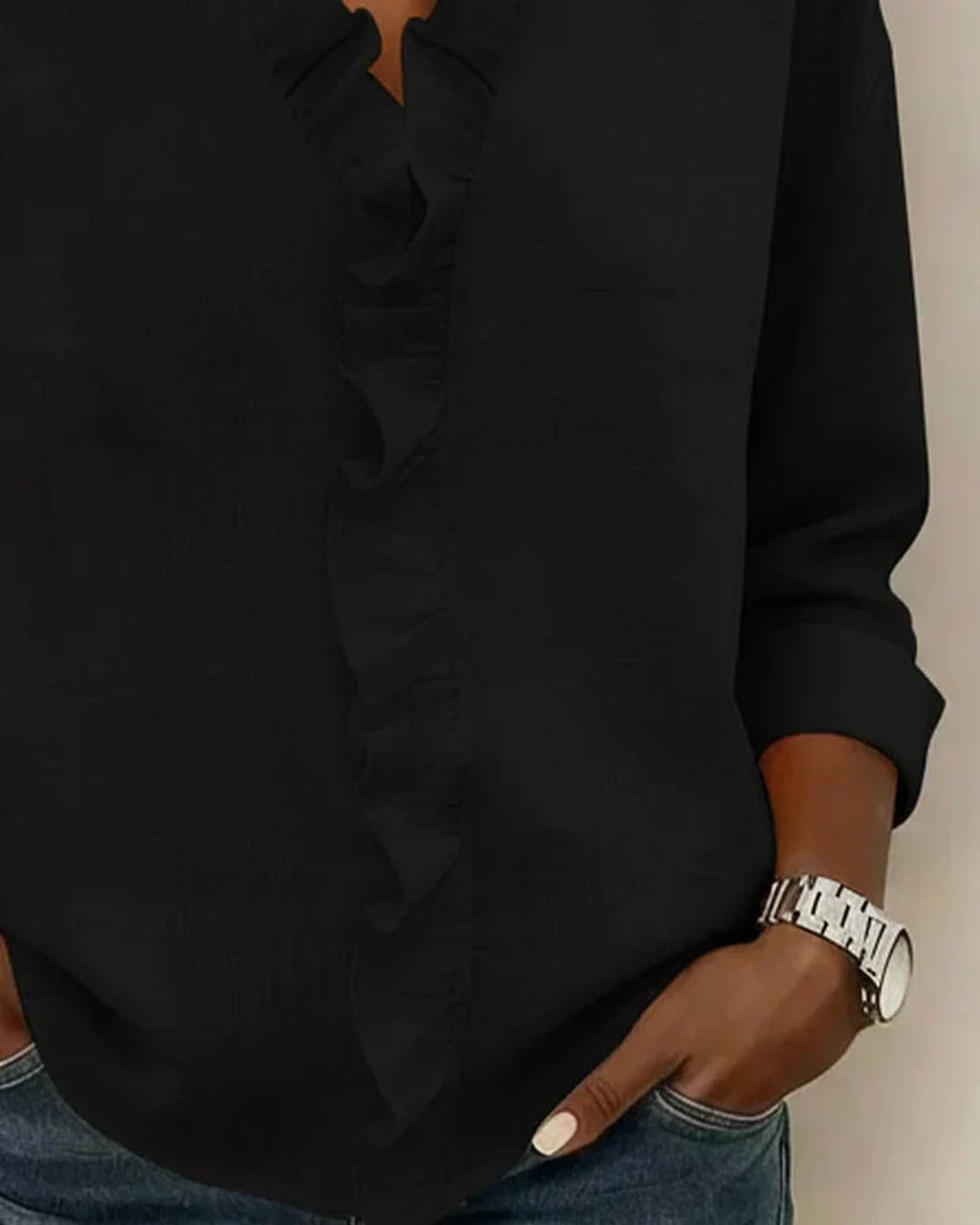 dames blouse lange mouw met ruches in zwart