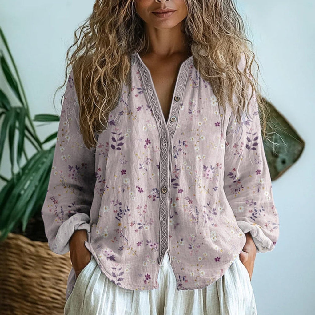 dames blouse lange mouw met v-hals en print in roze