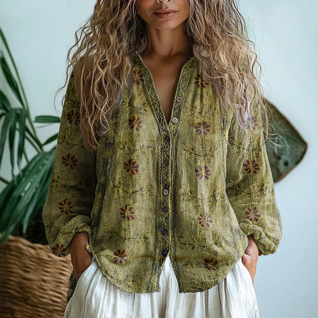 dames blouse lange mouw met v-hals en print in groen