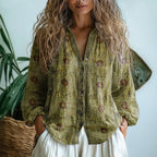 dames blouse lange mouw met v-hals en print in groen