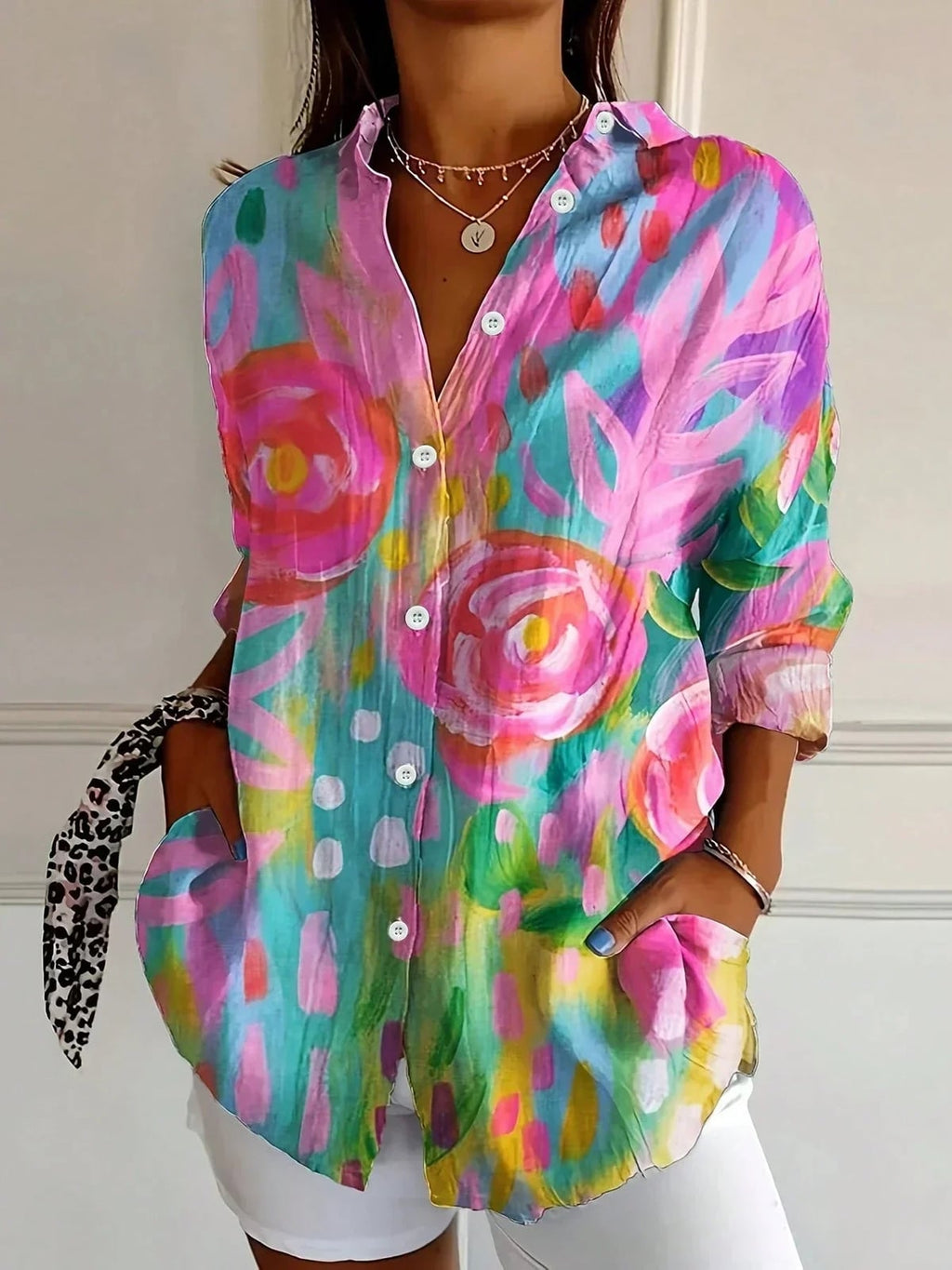 dames blouse met lange mouw en bloemenprint in roze