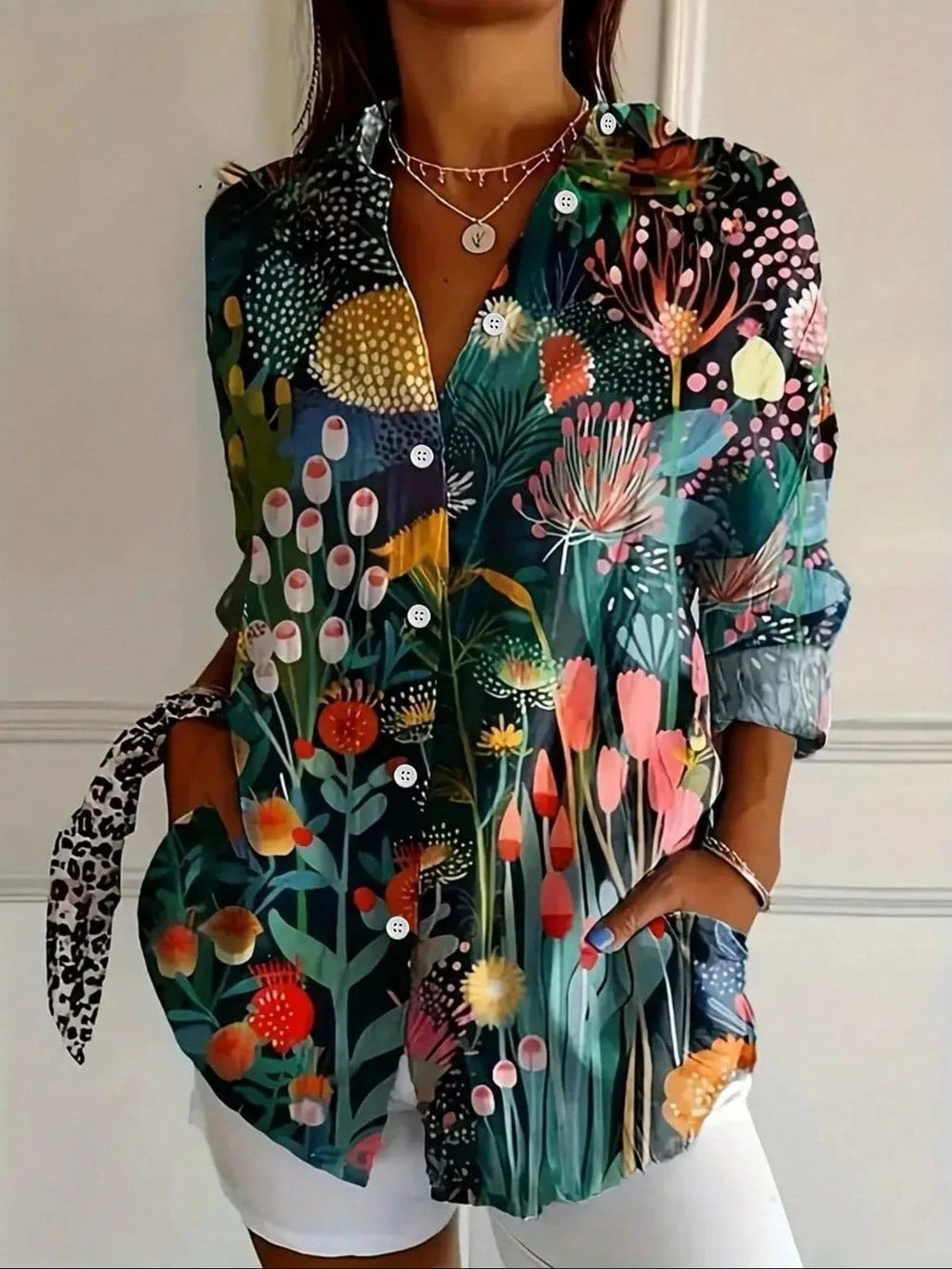 dames blouse met lange mouw en bloemenprint in groen