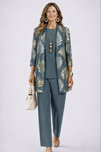 dames driedelig broekpak met open vest in vintage teal
