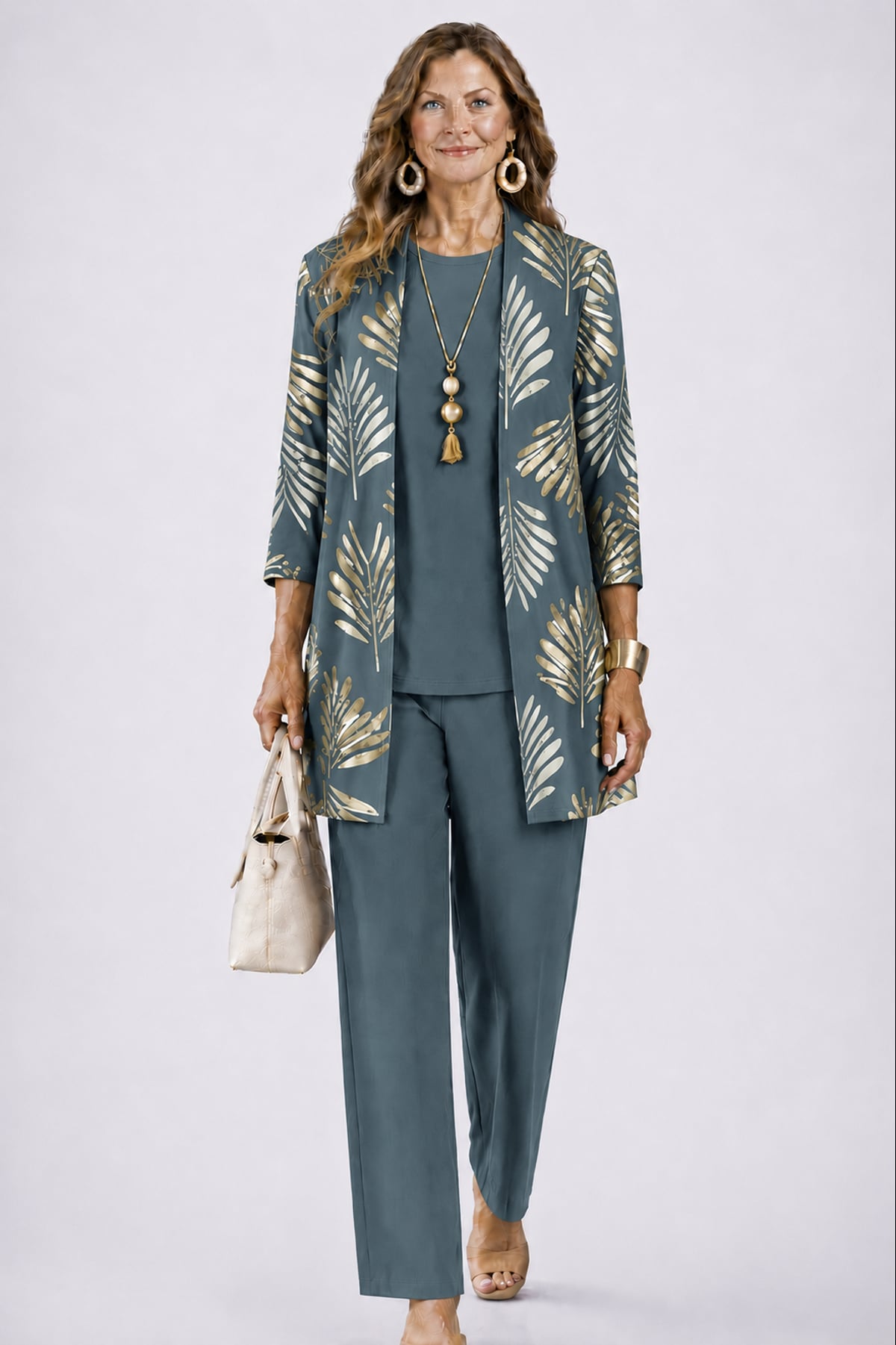 dames driedelig broekpak met open vest in vintage teal