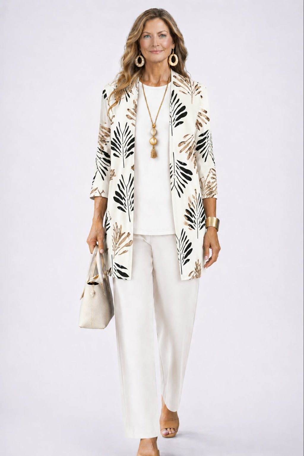 dames driedelig broekpak met open vest in ivory bloom