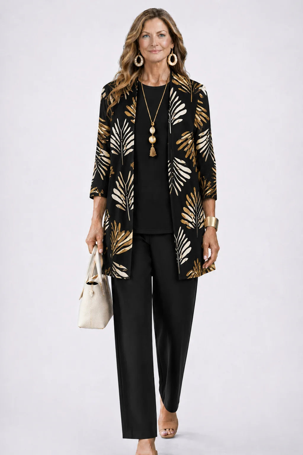 dames driedelig broekpak met open vest in midnight blossom