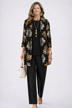 dames driedelig broekpak met open vest in midnight blossom