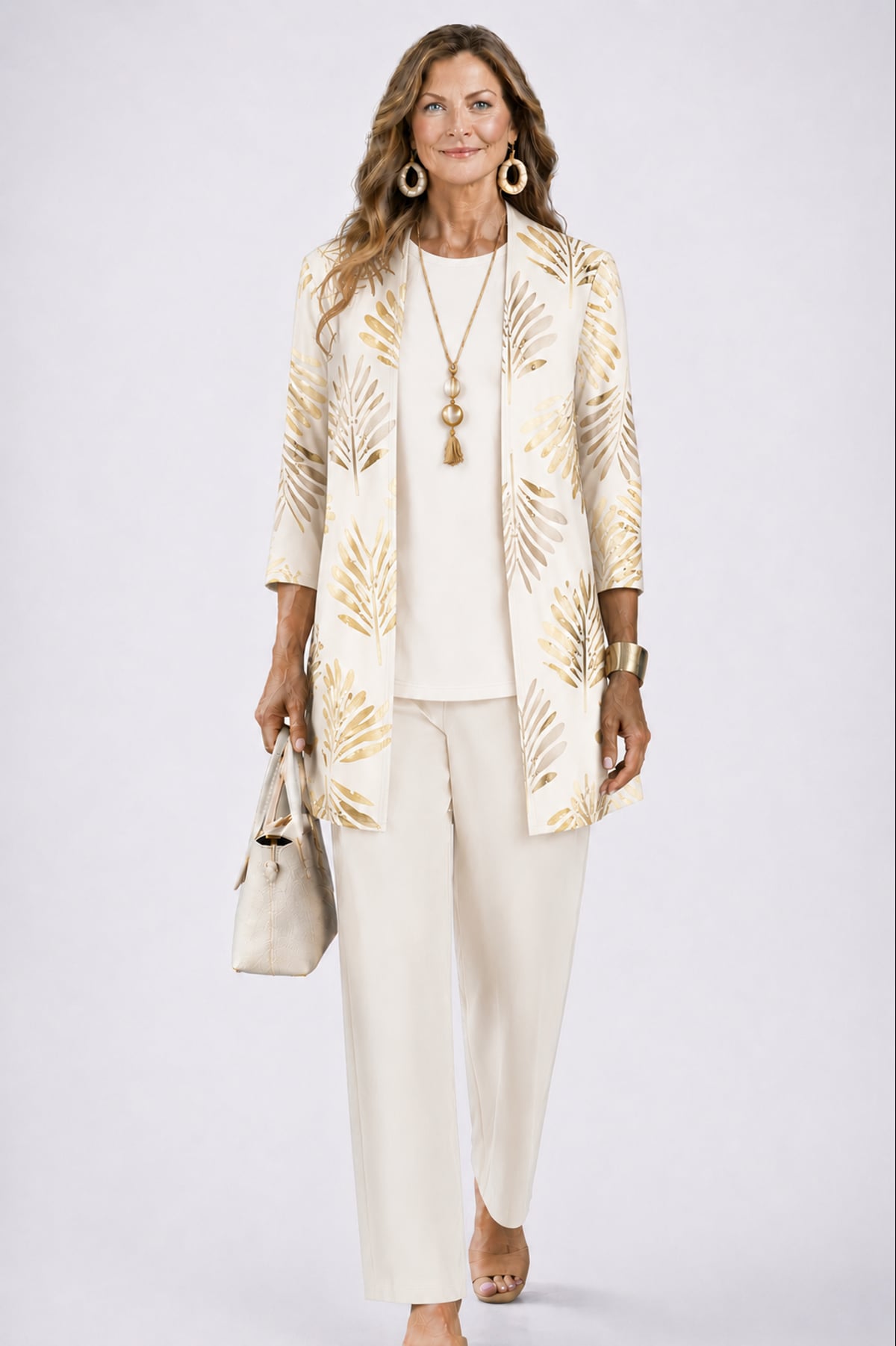 dames driedelig broekpak met open vest in champagne beige