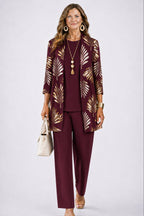 dames driedelig broekpak met open vest in burgundy blossom