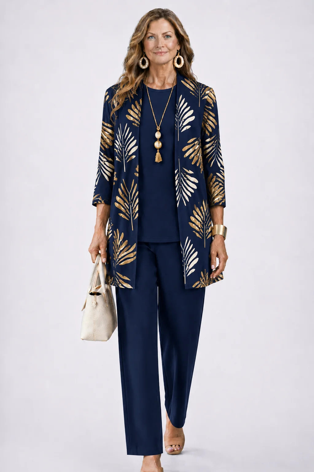 dames driedelig broekpak met open vest in sapphire bloom