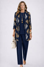 dames driedelig broekpak met open vest in sapphire bloom