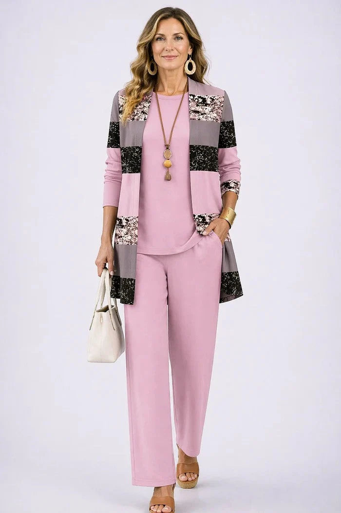 dames driedelig broekpak met open vest in pink