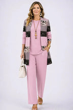 dames driedelig broekpak met open vest in pink