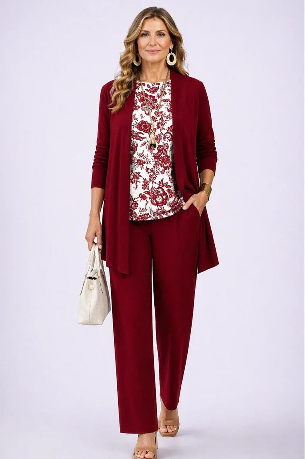 dames driedelig broekpak met open vest in wit & rood