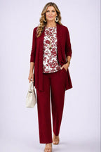 dames driedelig broekpak met open vest in wit & rood