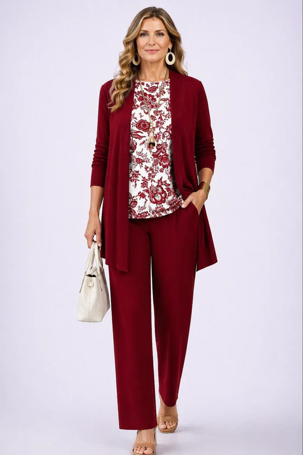dames driedelig broekpak met open vest in wit & rood