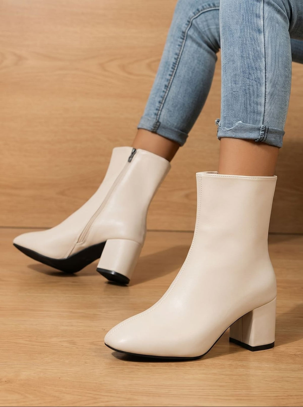 dames enkellaars met blokhak en zijrits in beige