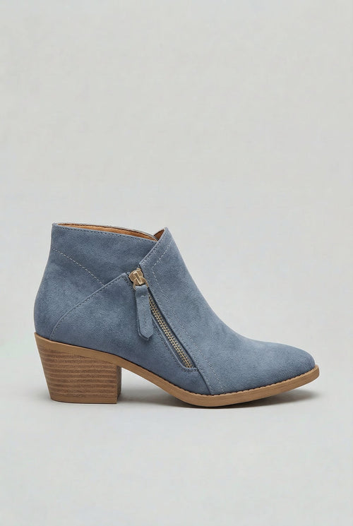 dames enkellaarzen met blokhak en zijrits in blauw