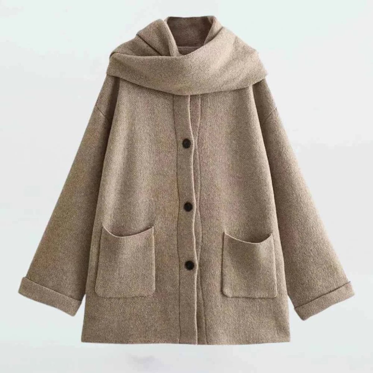 dames gebreid vest met capuchon en knoopsluiting in beige