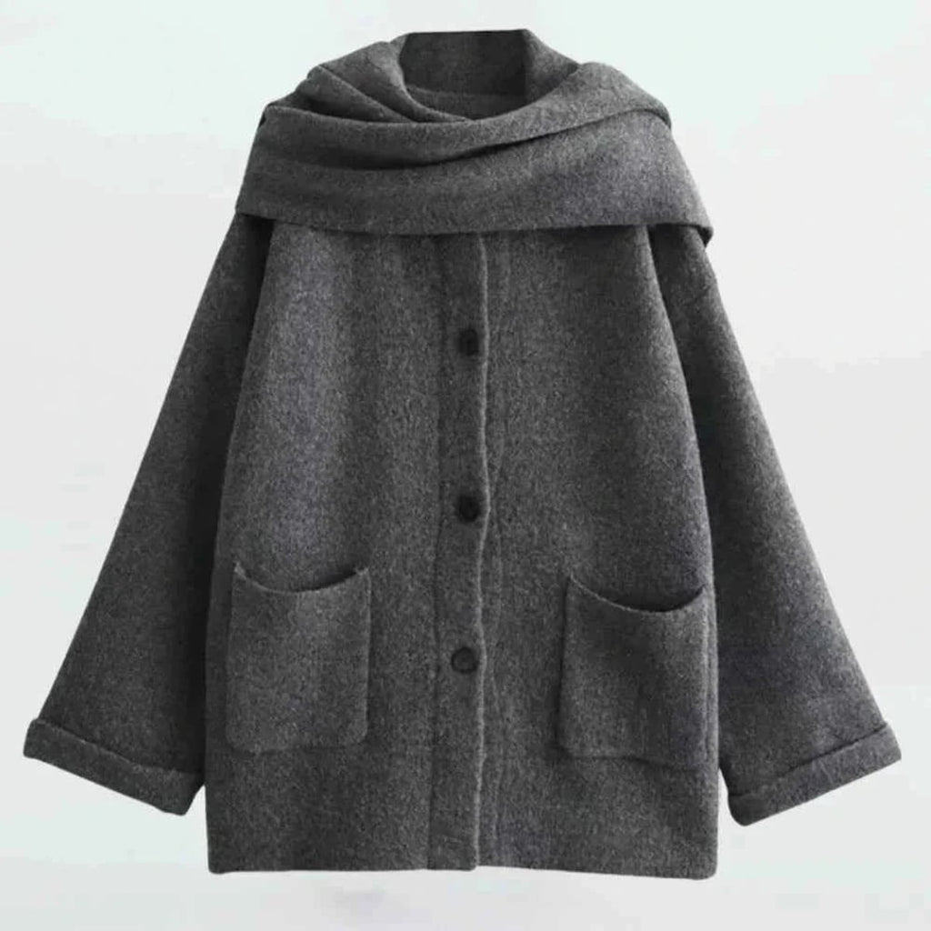 dames gebreid vest met capuchon en knoopsluiting in donkergrijs