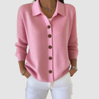 dames gebreid vest met kraag en knoopsluiting in roze