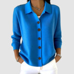 dames gebreid vest met kraag en knoopsluiting in blauw