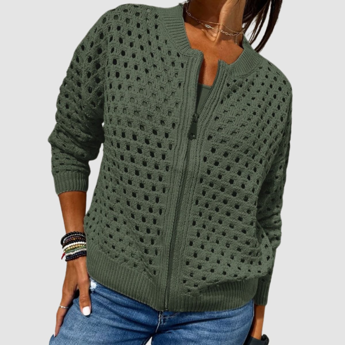 dames gebreid vest met ritssluiting in groen