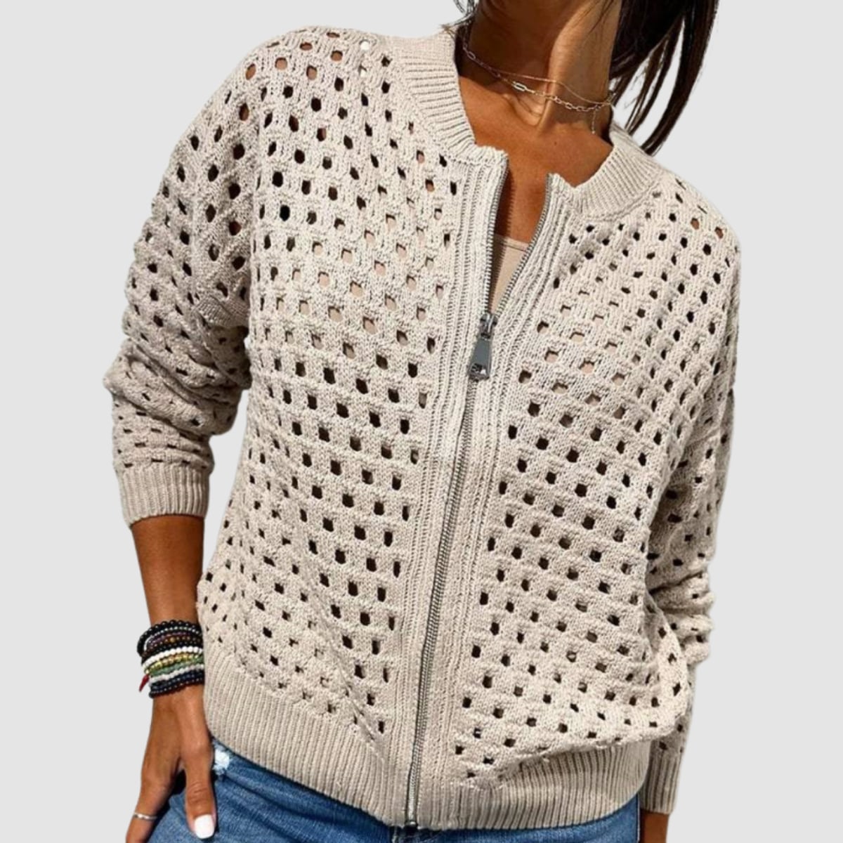 dames gebreid vest met ritssluiting in abrikoos