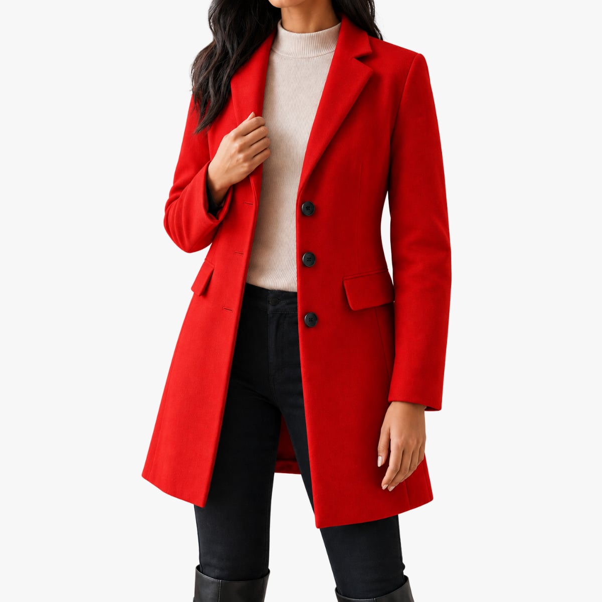 dames getailleerde midi jas met revers in rood