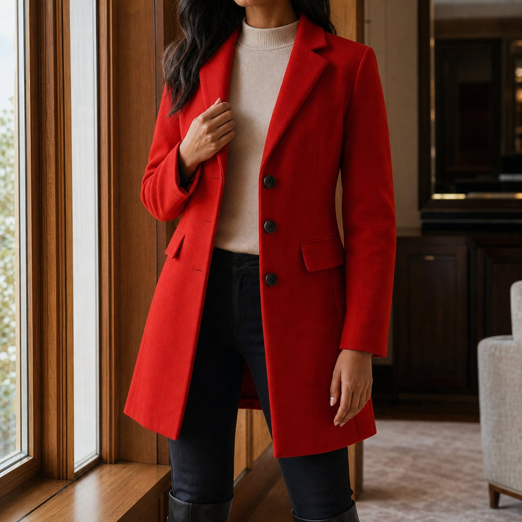 dames getailleerde midi jas met revers in rood
