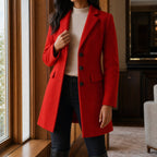 dames getailleerde midi jas met revers in rood