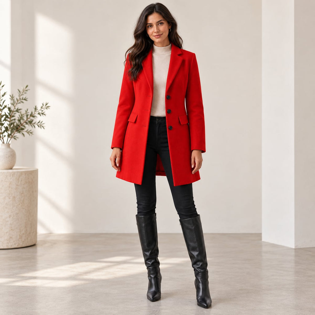 dames getailleerde midi jas met revers in rood