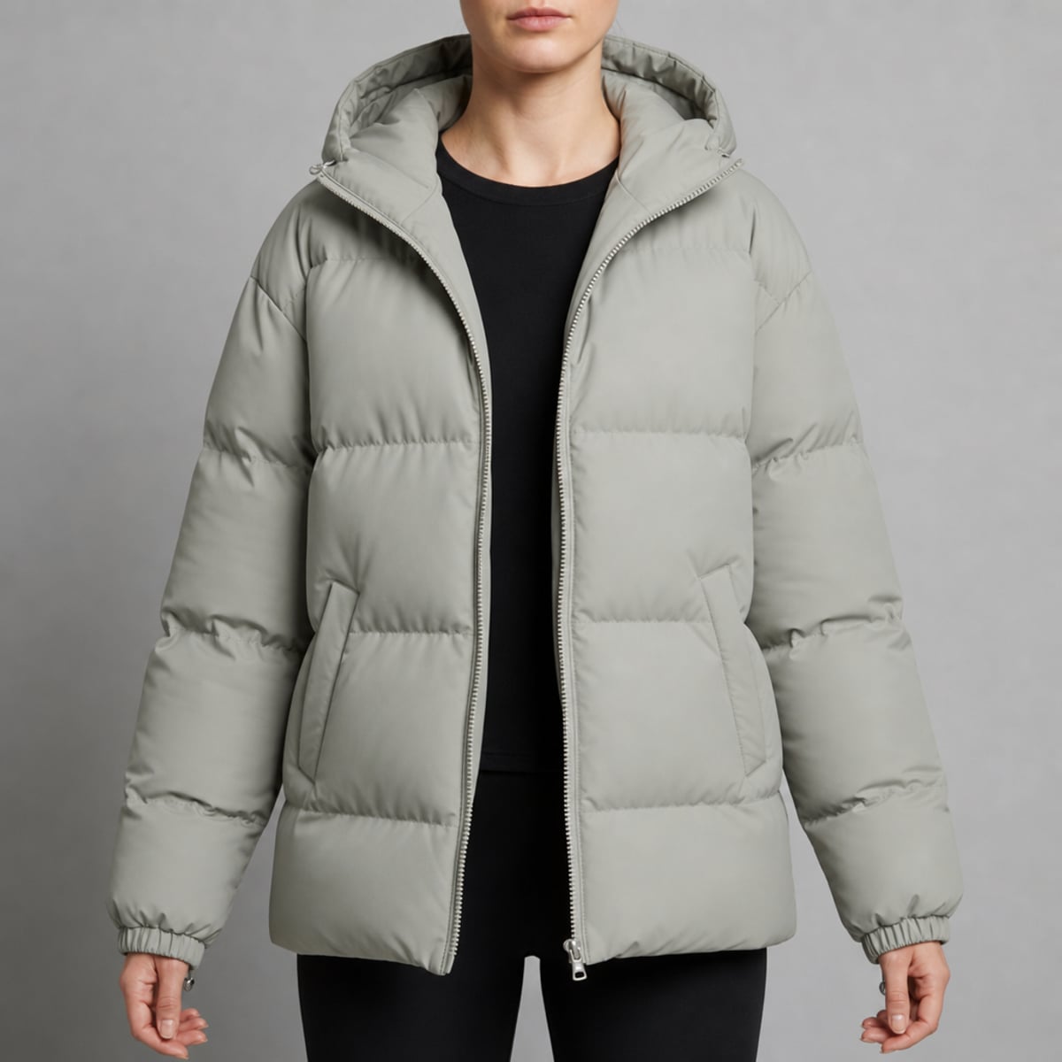 dames gewatteerde puffer jas met capuchon in lichtgrijs