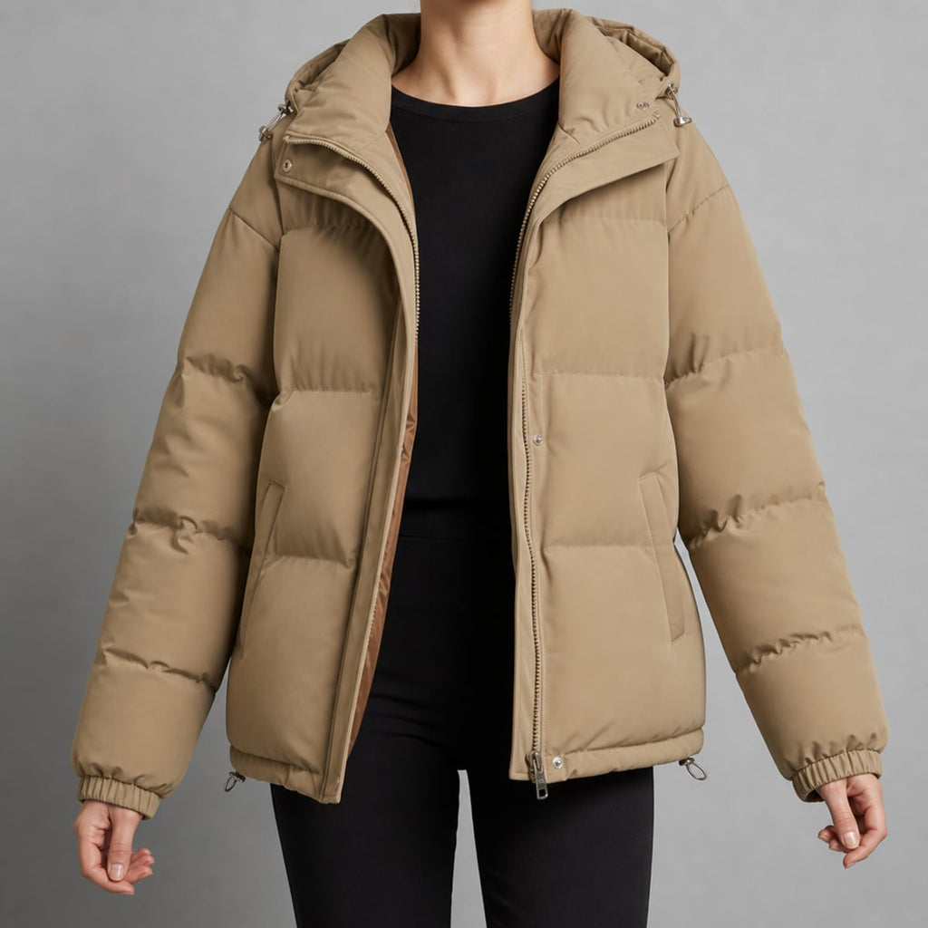 dames gewatteerde puffer jas met capuchon in khaki