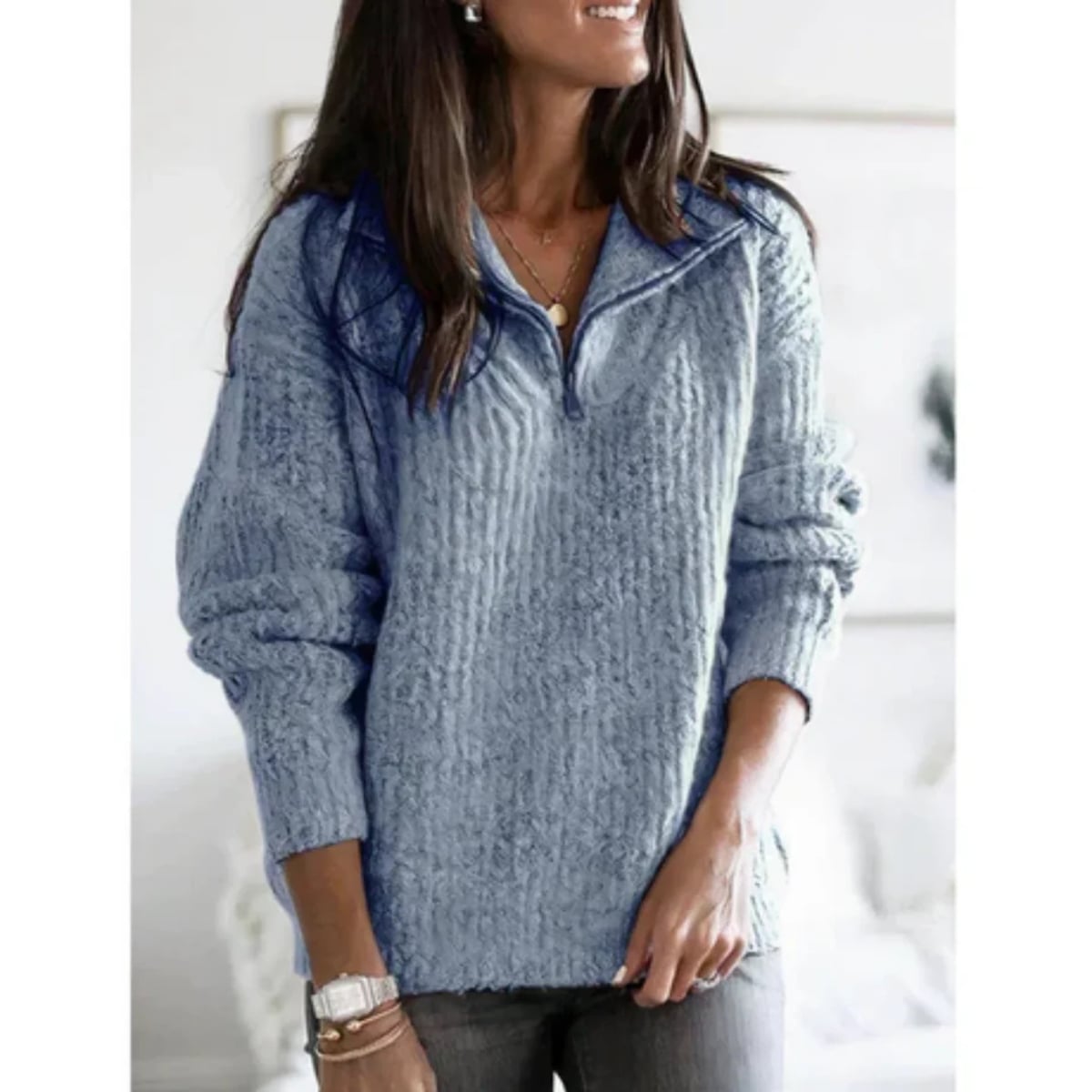 dames halfzip trui met hoge hals in blauw