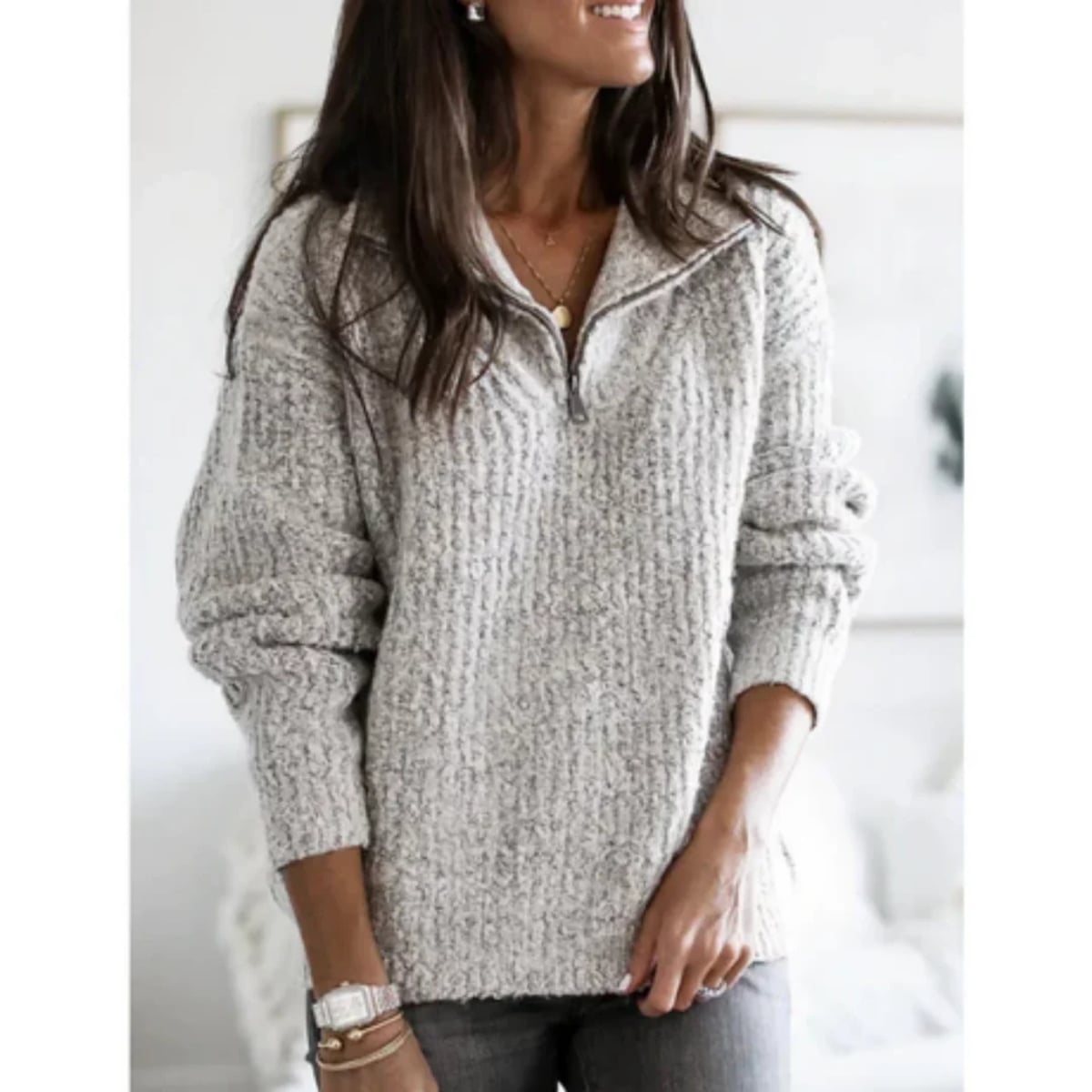 dames halfzip trui met hoge hals in grijs