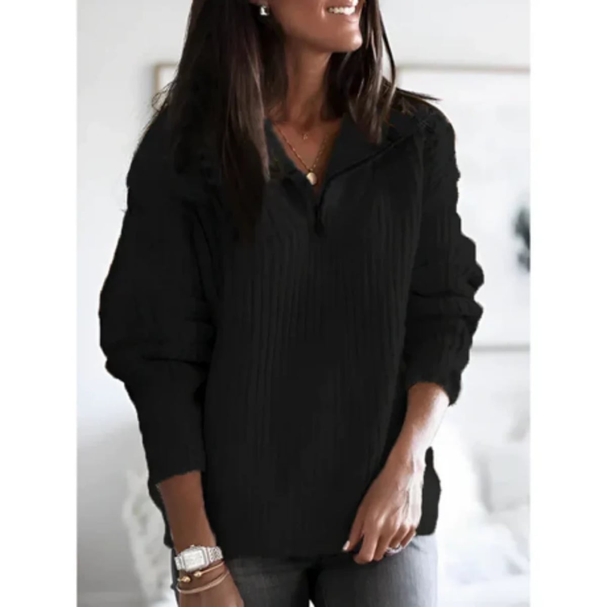 dames halfzip trui met hoge hals in zwart