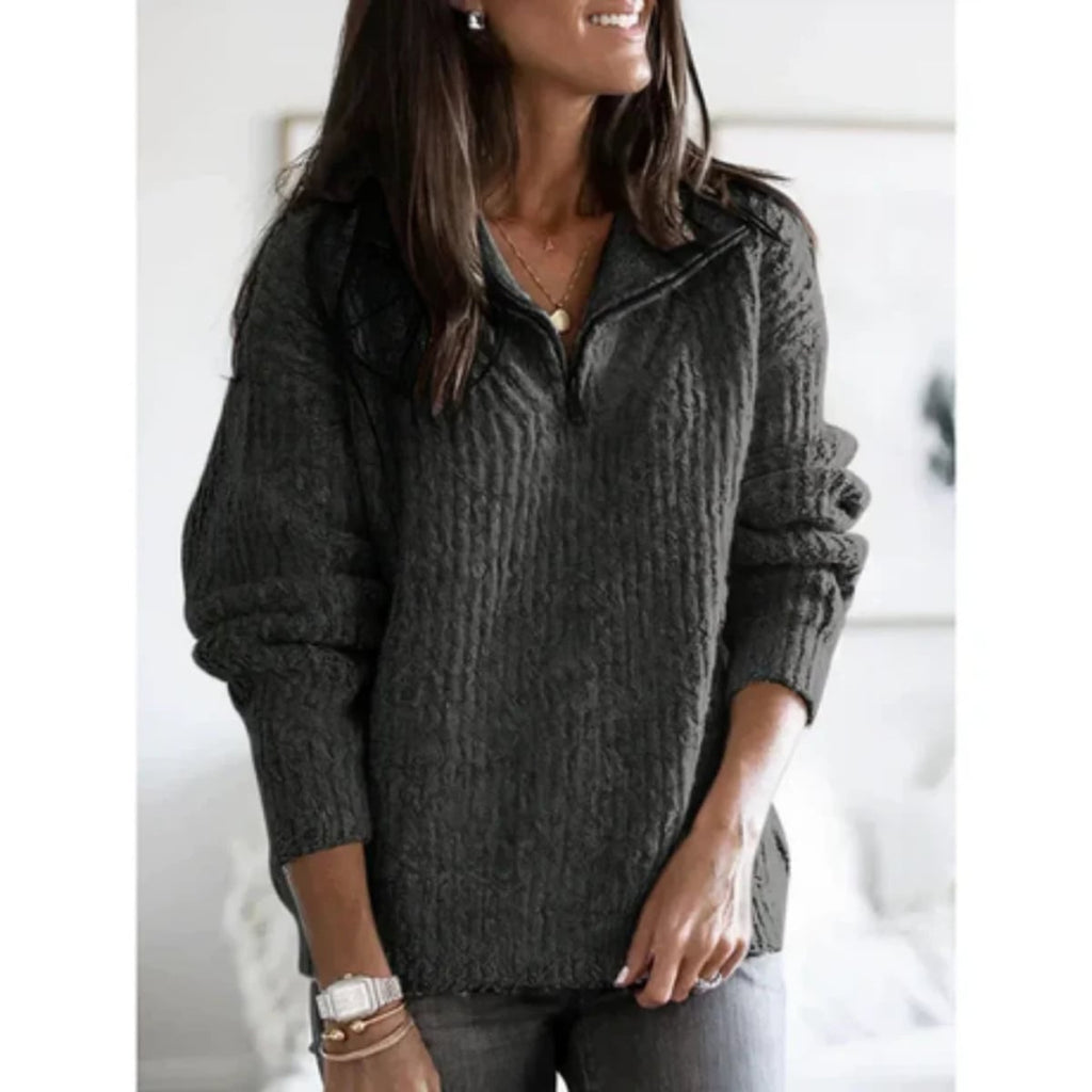 dames halfzip trui met hoge hals in donkergrijs
