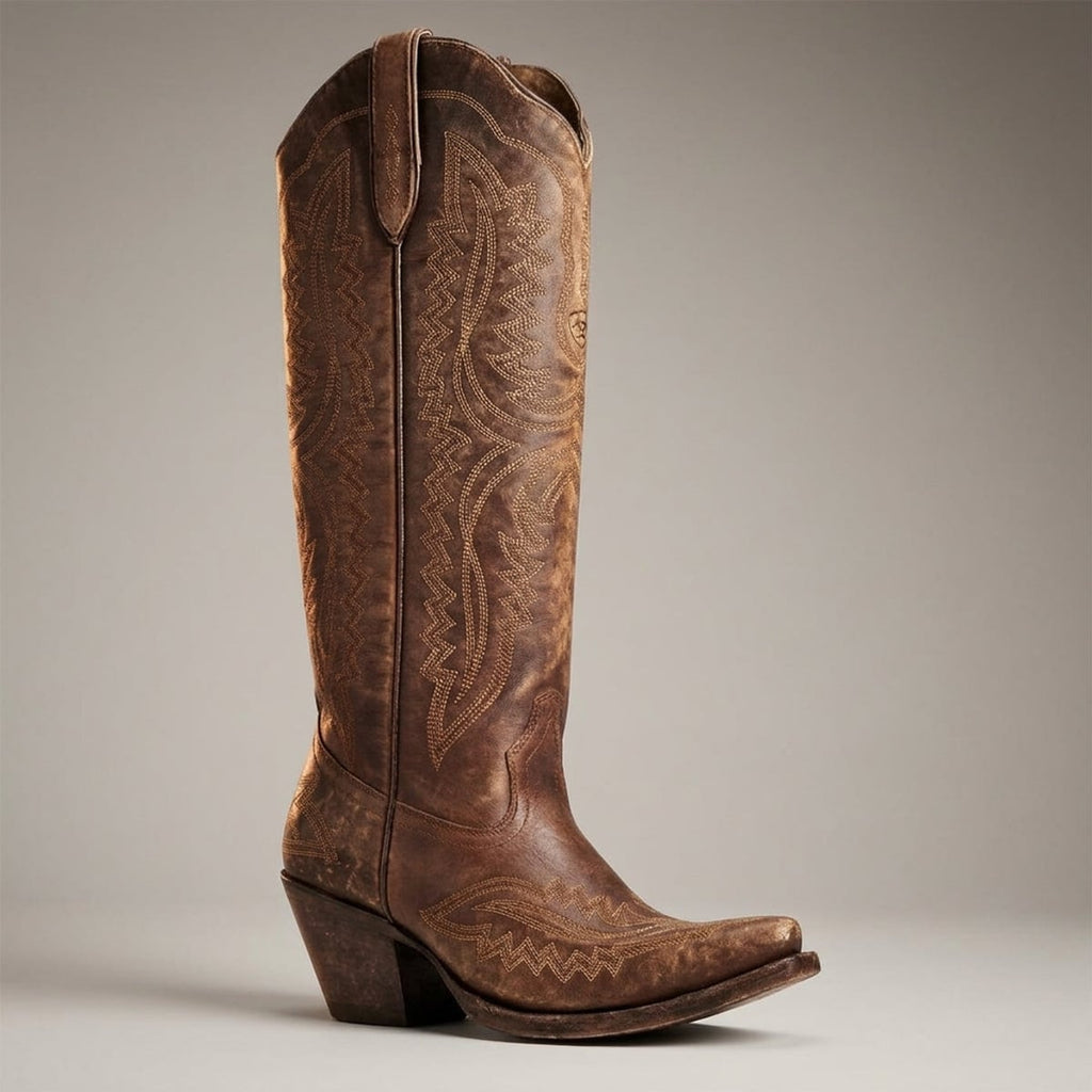 dames hoge cowboylaarzen met blokhak in chocoladebruin