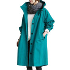 dames hooded trenchcoat met knielengte in blauw
