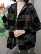 dames jas met capuchon en ruitpatroon in grijs